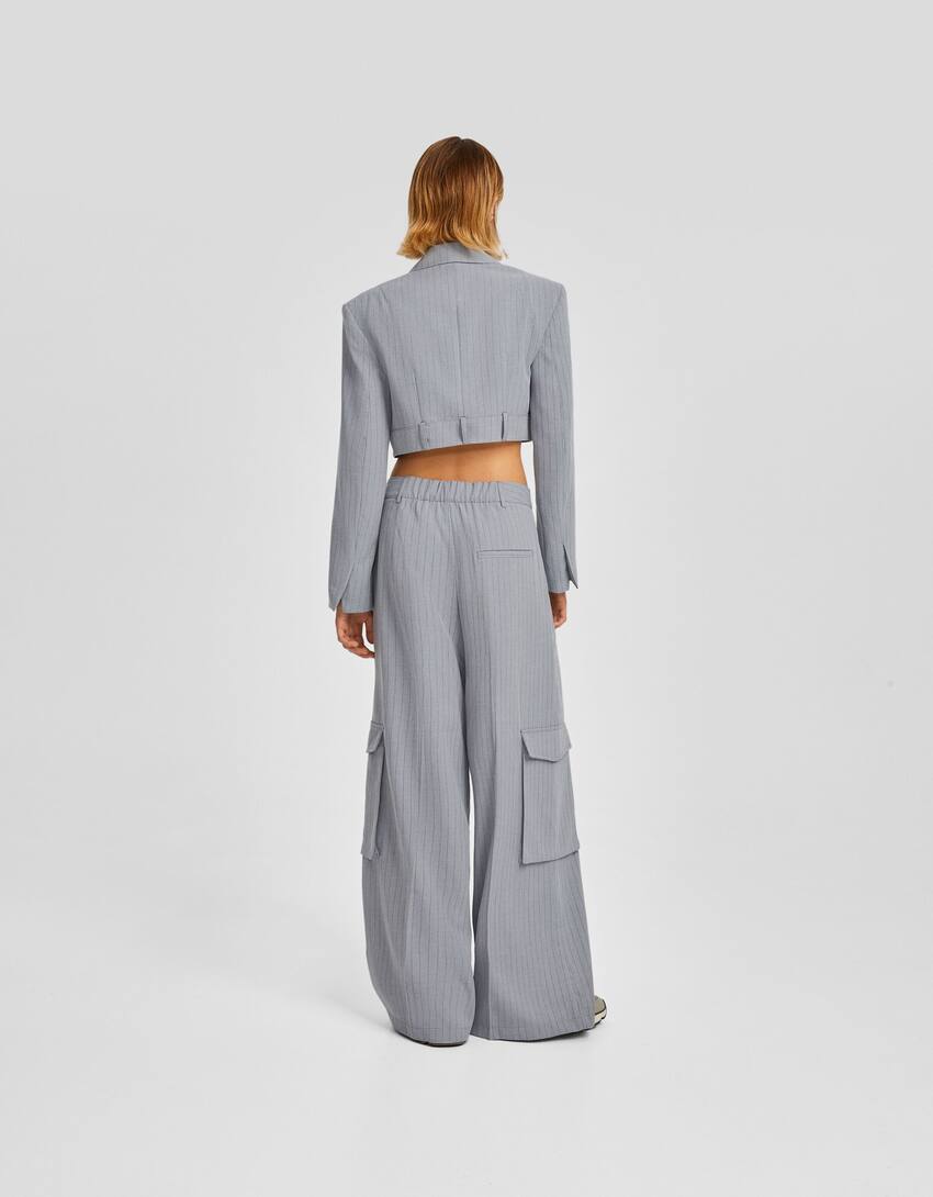 Tailored wide-leg pinstripe cargo trousers-Grey-2