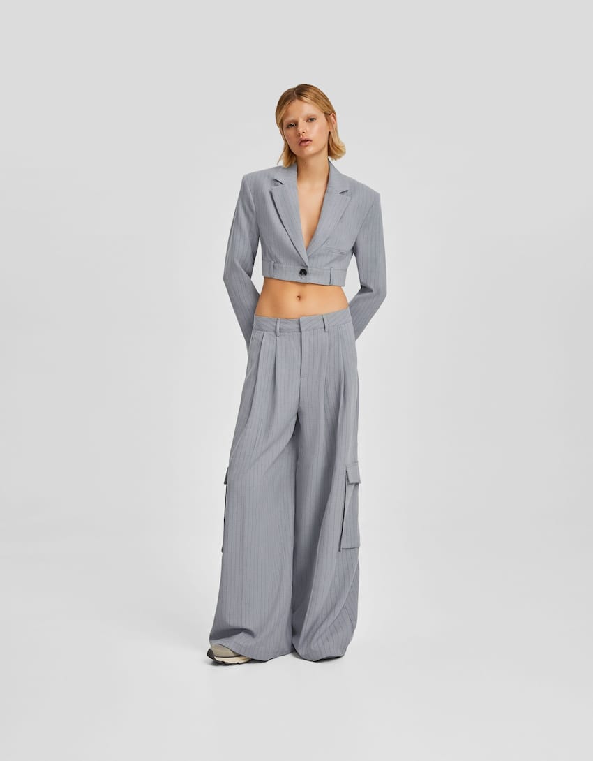 Tailored wide-leg pinstripe cargo trousers-Grey-0