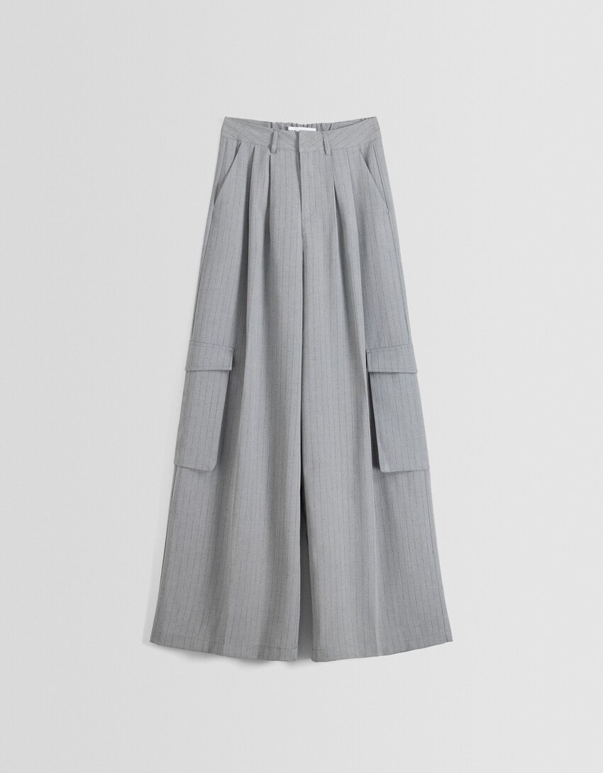 Tailored wide-leg pinstripe cargo trousers-Grey-4