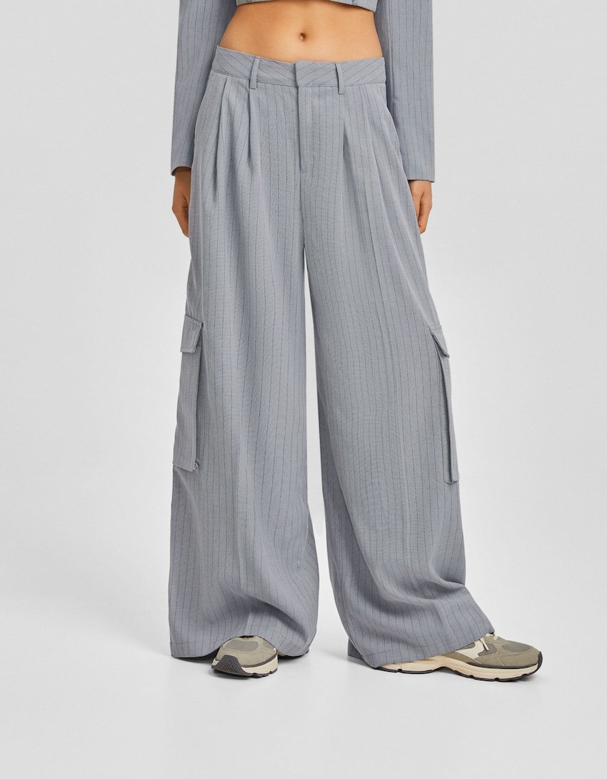 Tailored wide-leg pinstripe cargo pants-Grey-1