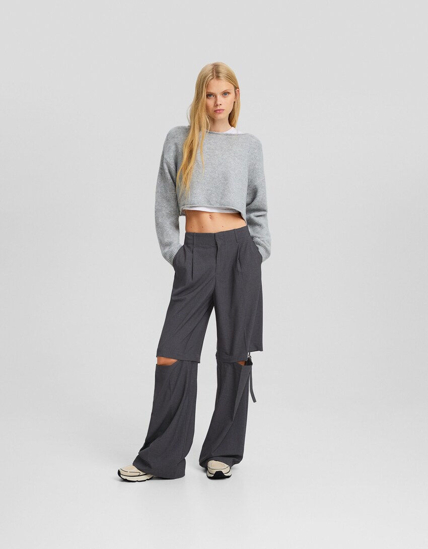 Wide-leg tailored fit detachable trousers-Dark grey-0