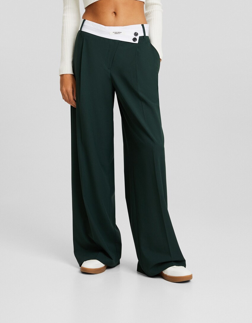 Tailored dad fit trousers with contrast waistband-Green-1