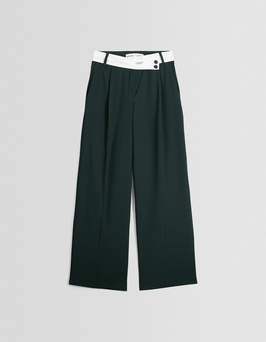 Tailored dad fit trousers with contrast waistband-Green-4