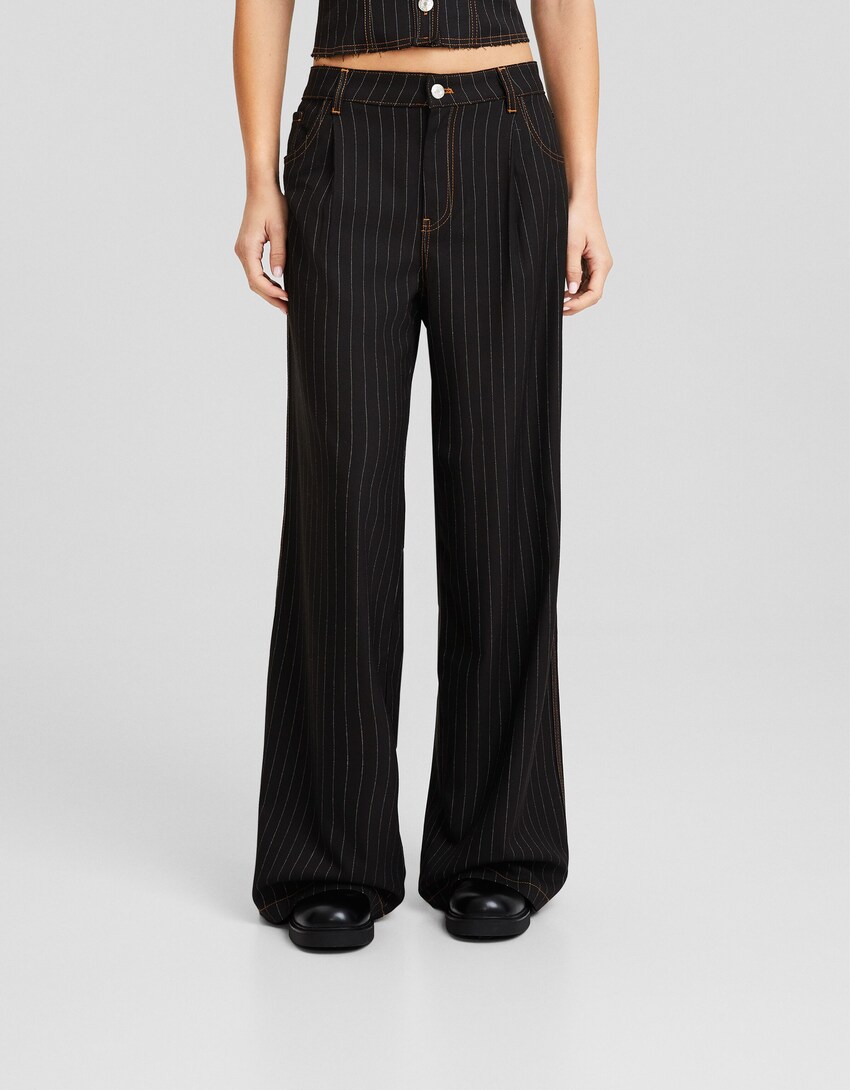 Wide-leg tailored fit pinstripe trousers-Black-1
