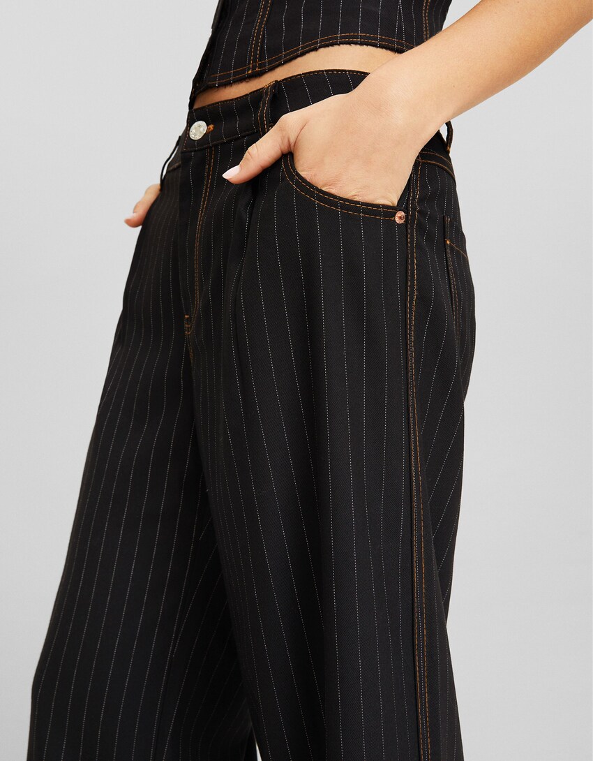 Wide-leg tailored fit pinstripe trousers-Black-3