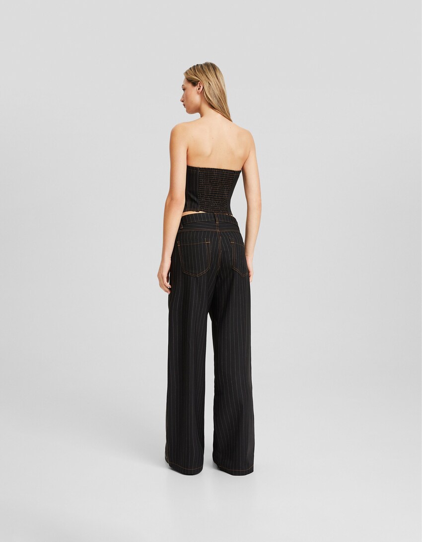 Wide-leg tailored fit pinstripe trousers-Black-2