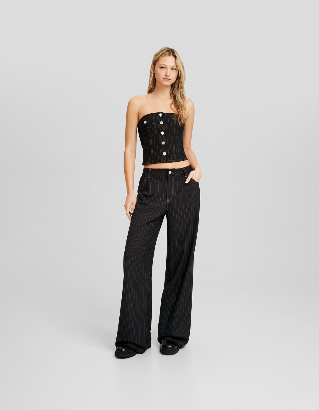 Wide-leg tailored fit pinstripe trousers