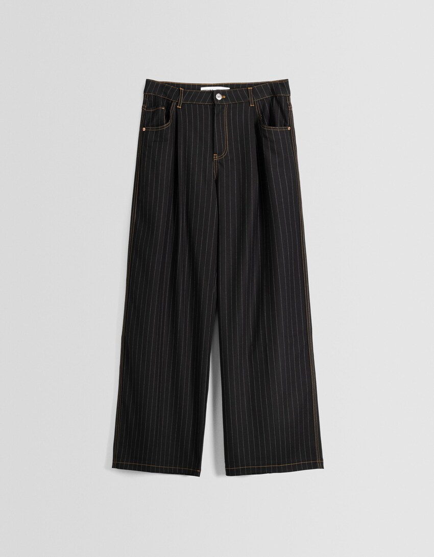 Wide-leg tailored fit pinstripe trousers-Black-5