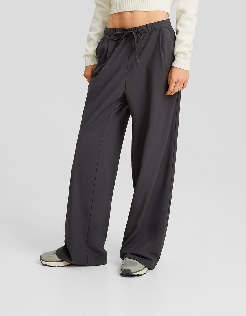 Wide-leg tailored fit trousers with drawstring-Dark grey-1
