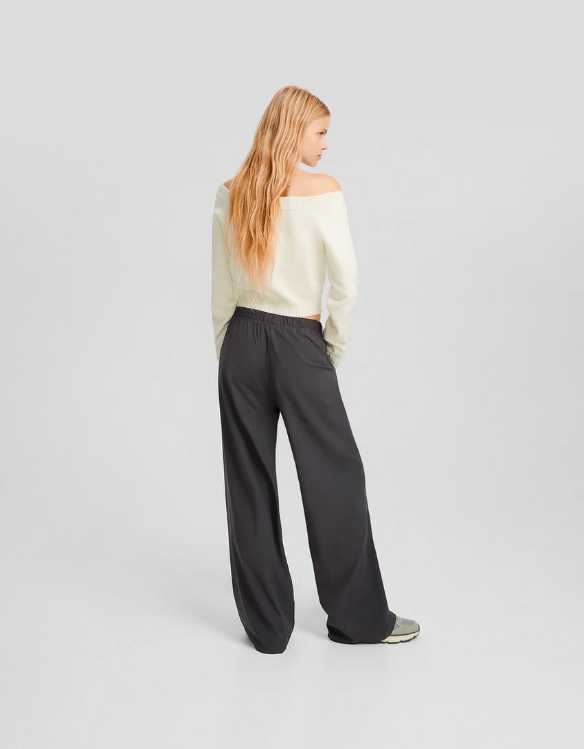 Wide-leg tailored fit trousers with drawstring-Dark grey-2