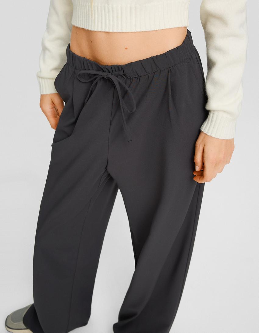 Wide-leg tailored fit trousers with drawstring-Dark grey-3