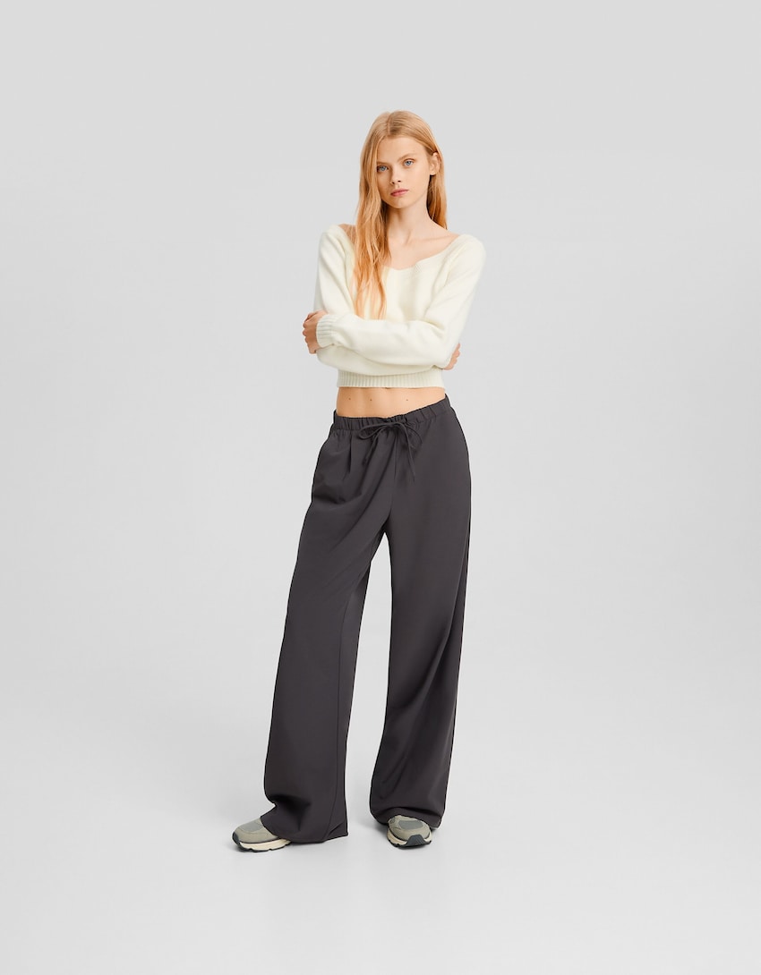 Wide-leg tailored fit trousers with drawstring-Dark grey-0