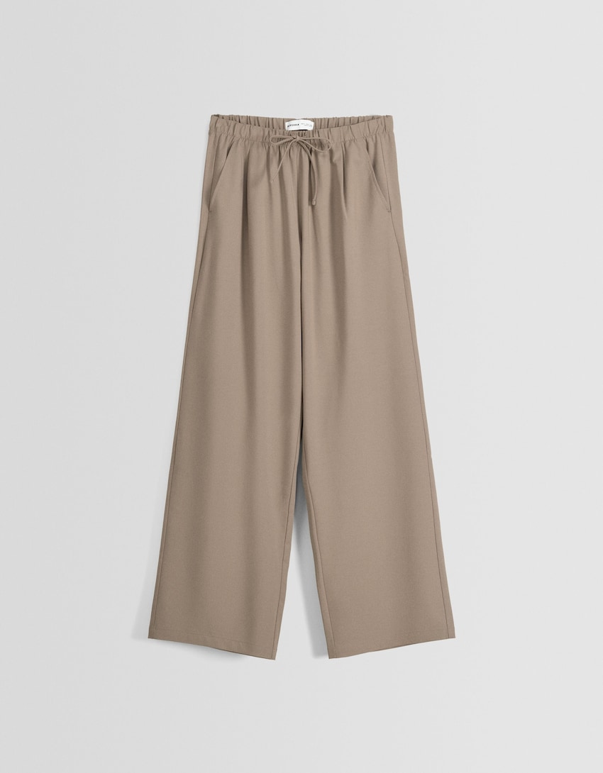 Wide-leg tailored fit trousers with drawstring-Sand-4