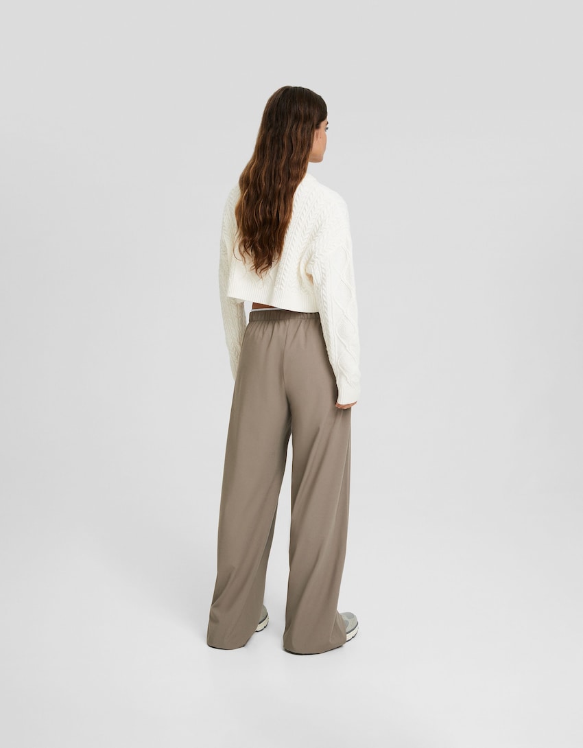 Wide-leg tailored fit trousers with drawstring-Sand-2