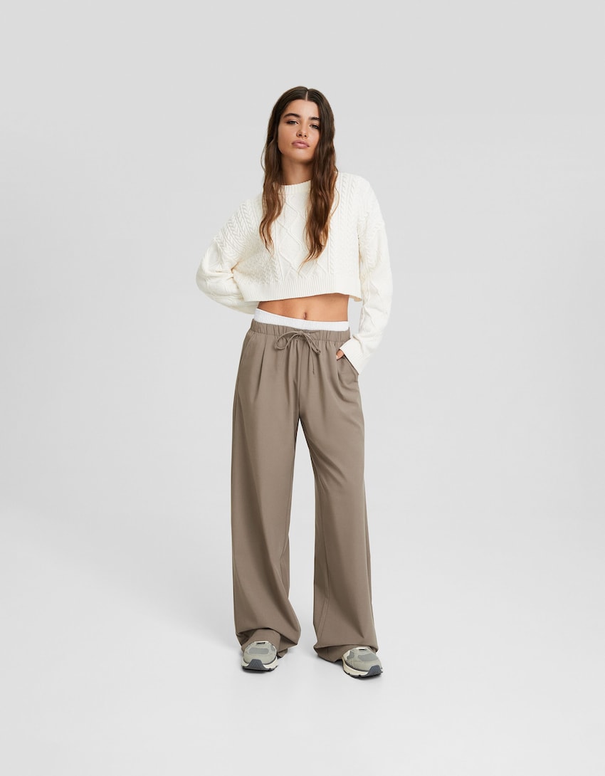Wide-leg tailored fit trousers with drawstring-Sand-0