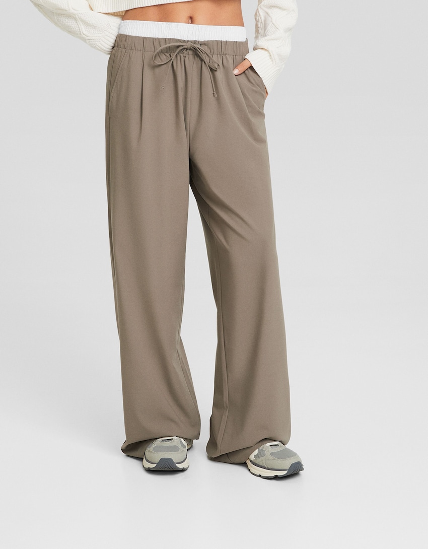 Wide-leg tailored fit trousers with drawstring-Sand-1