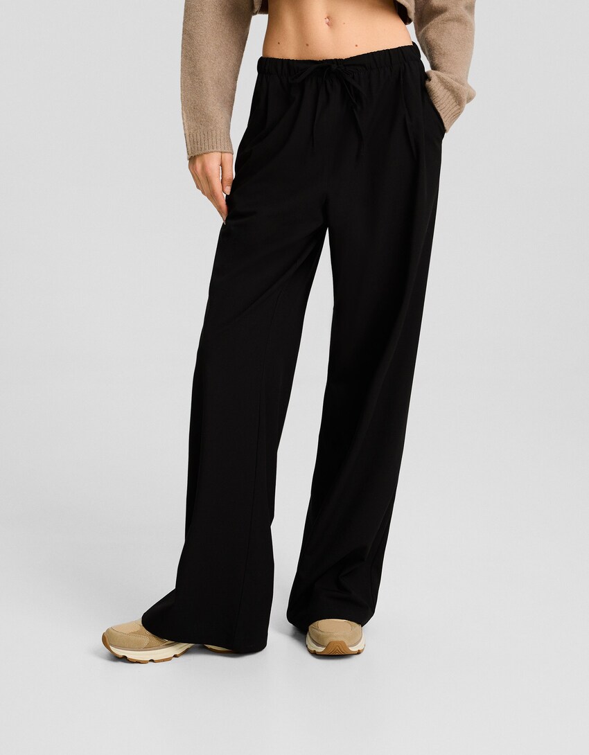 Wide-leg tailored fit trousers with drawstring-Black-1