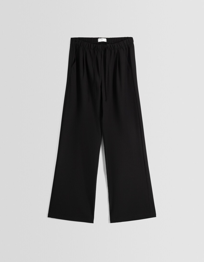 Wide-leg tailored fit trousers with drawstring-Black-4