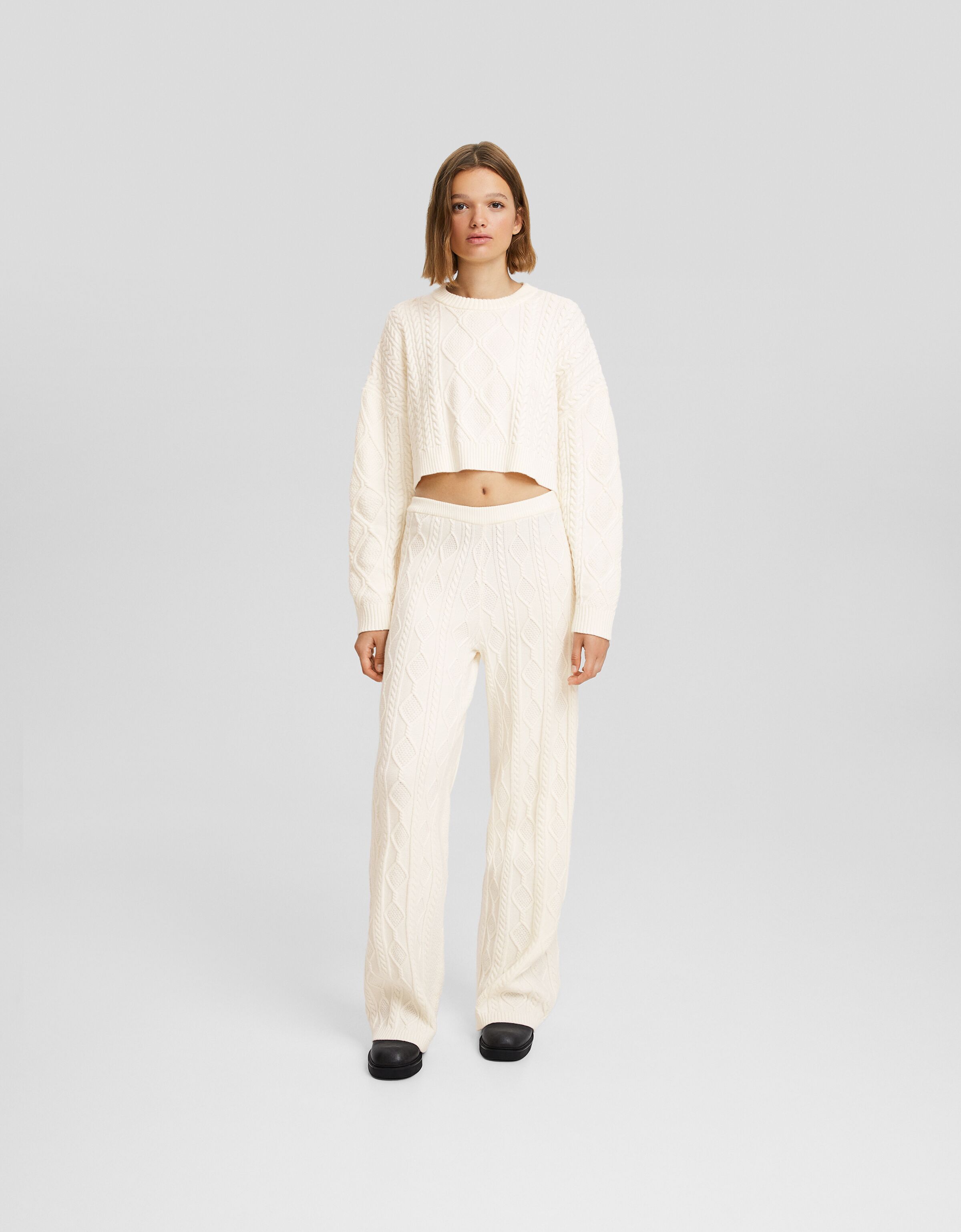 Cable knit wide leg pants SALE up to 50 off BSK Teen Bershka