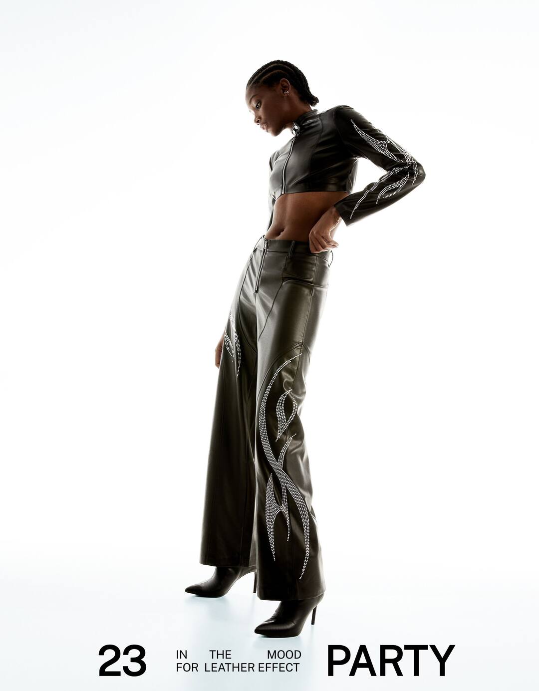 Leather effect straight-leg trousers with rhinestones