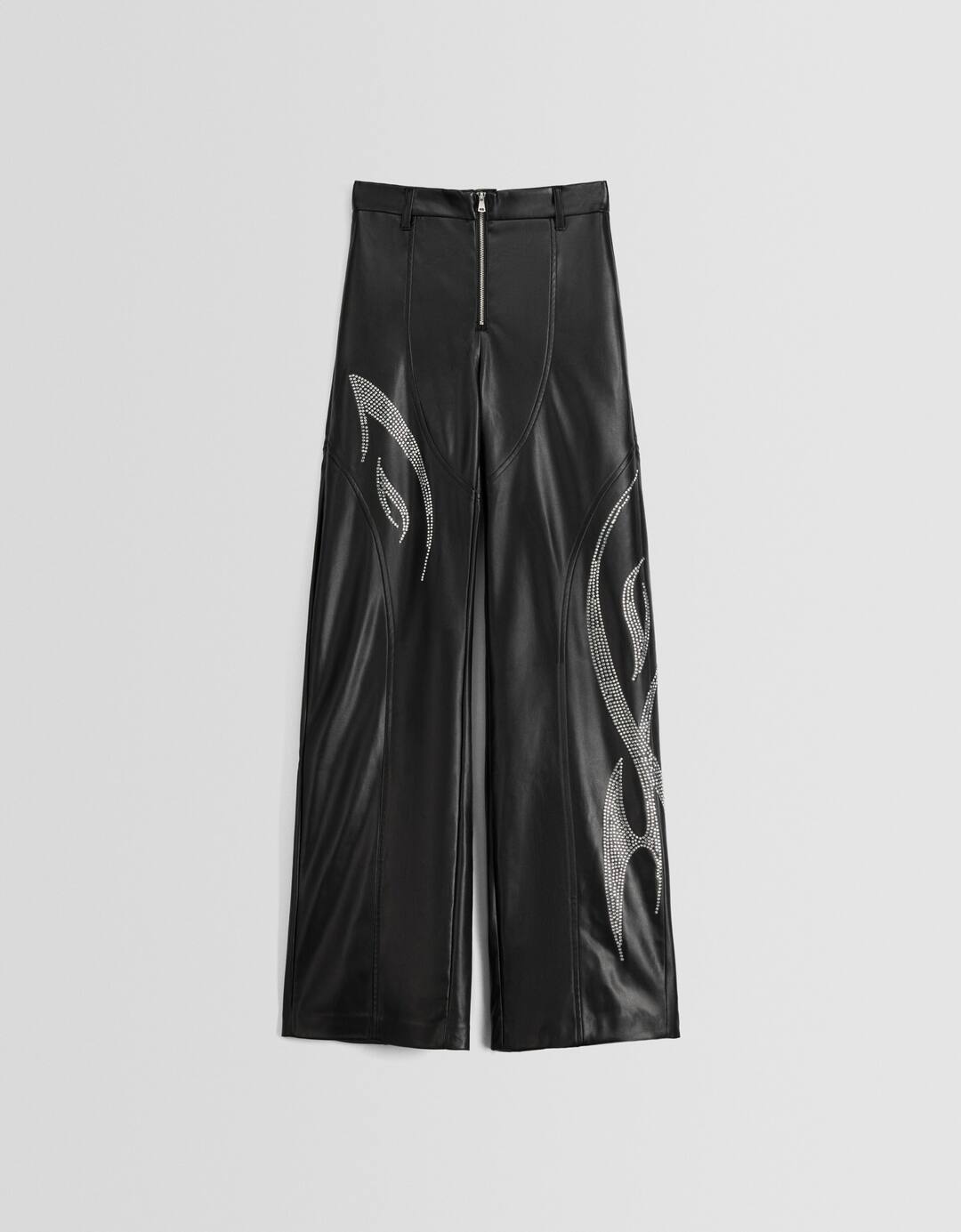 Leather effect straight-leg trousers with rhinestones