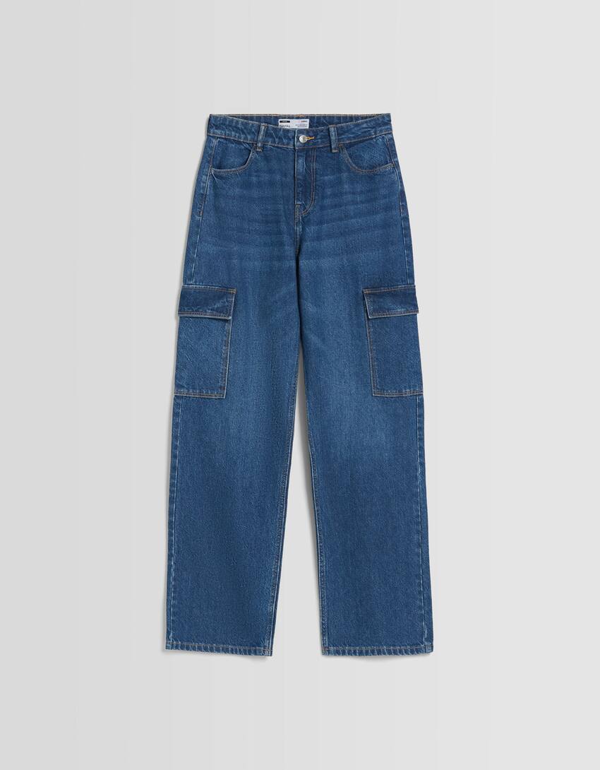 Straight cargo jeans-Blue-4