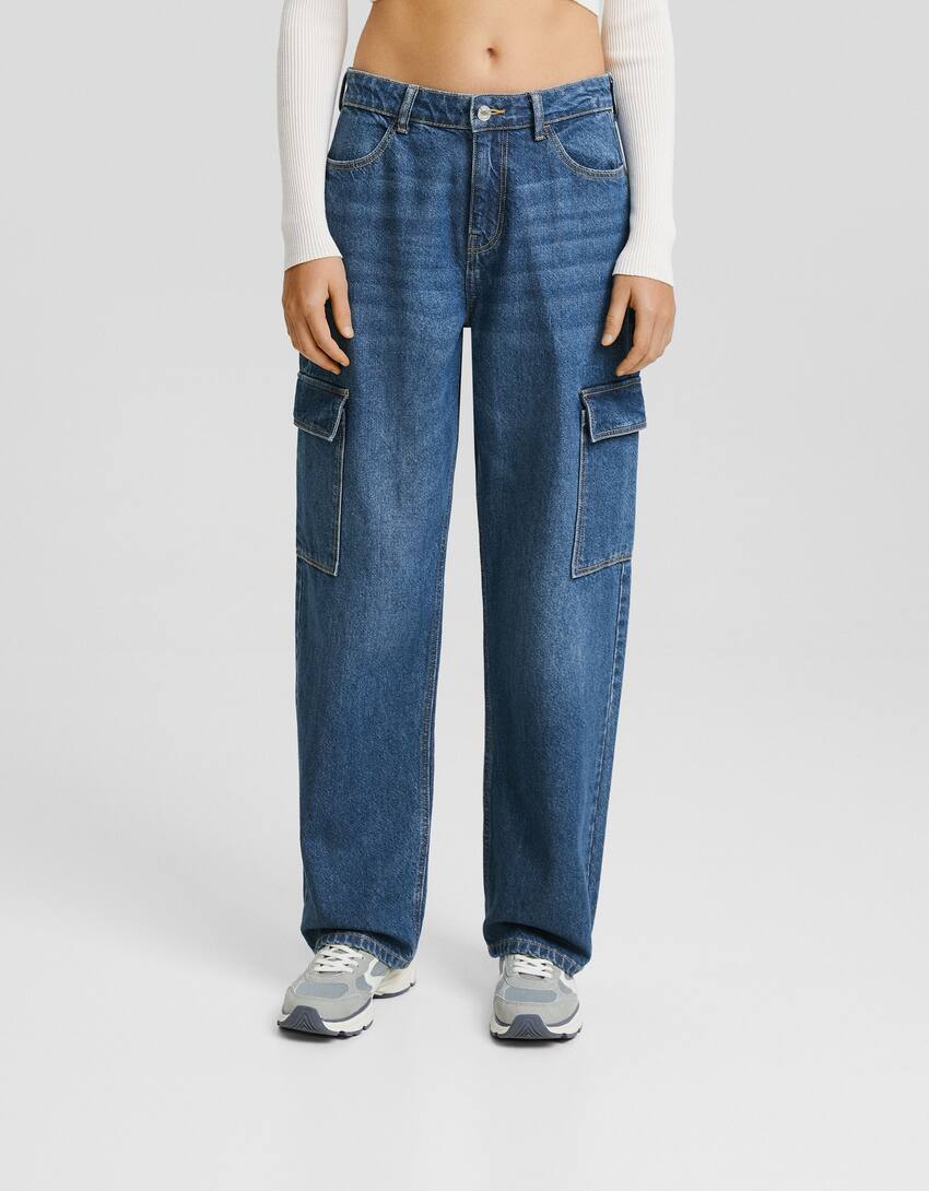 Straight cargo jeans-Blue-1