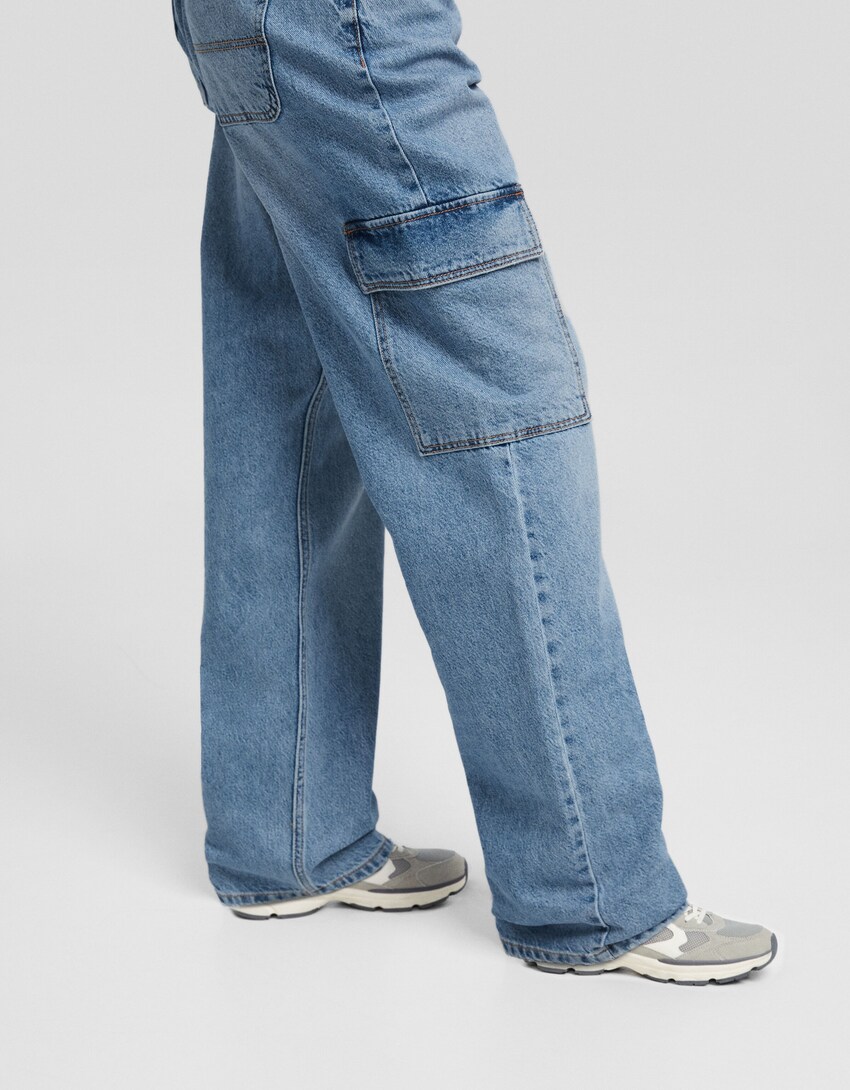 Jeans straight cargo-Azul lavado-3