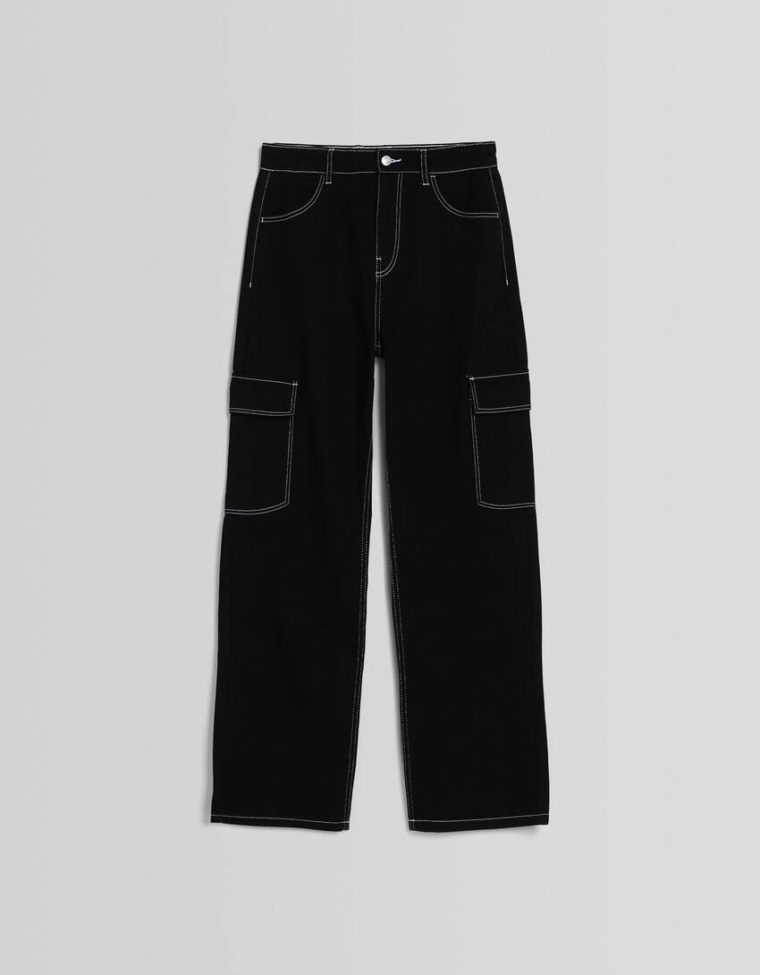 Straight cargo jeans-Black-4