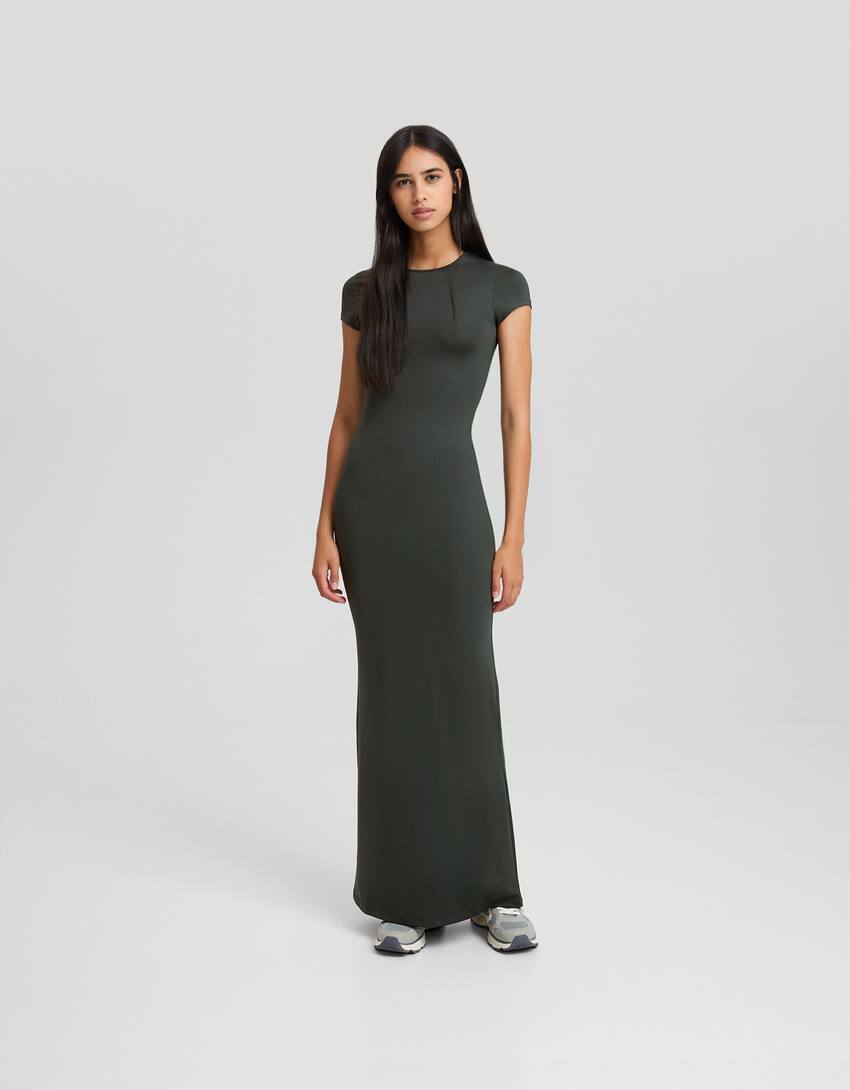 Short sleeve long dress-Green-0