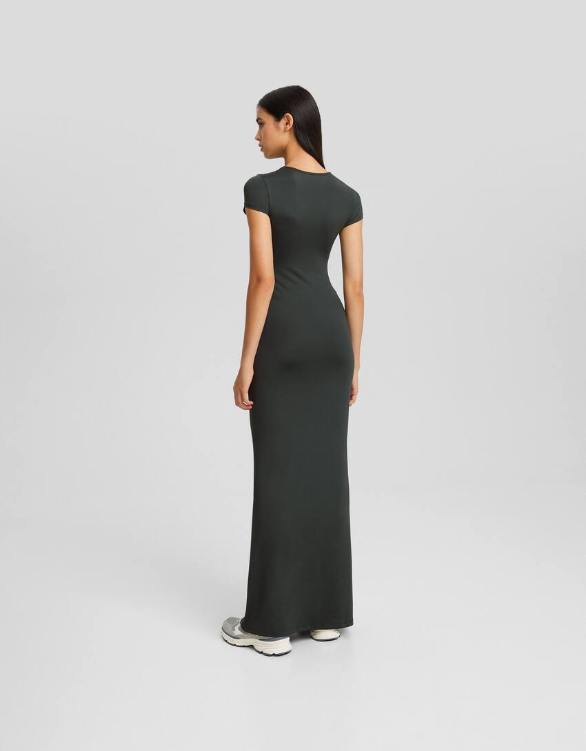 Short sleeve long dress-Green-2