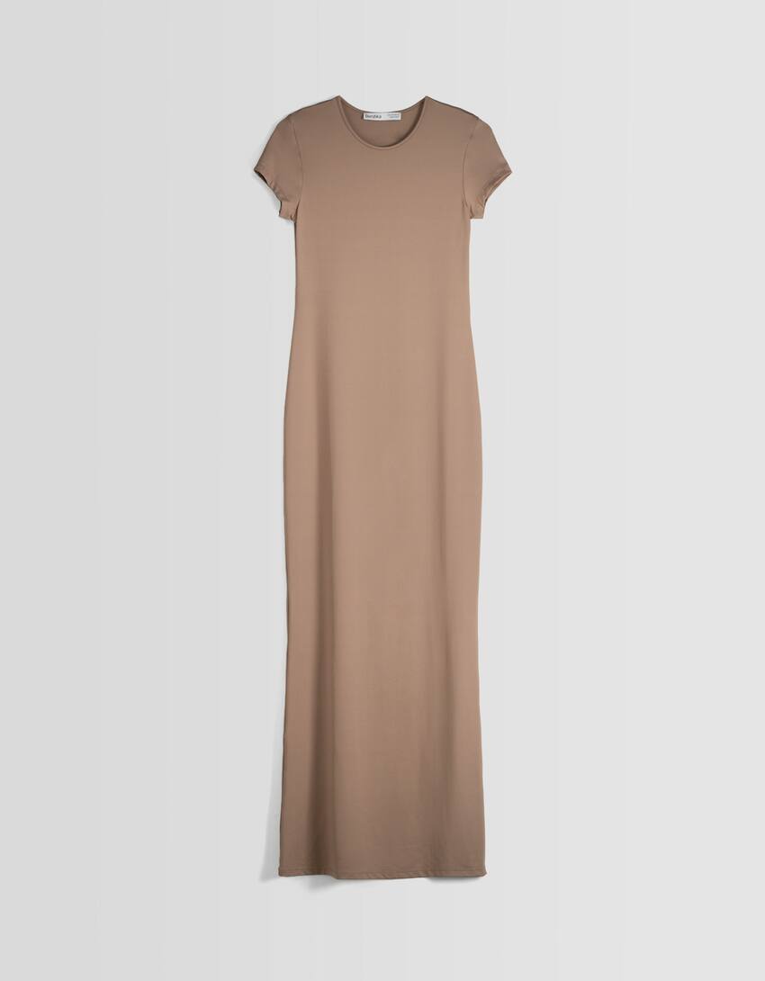 Short sleeve long dress-Camel-5