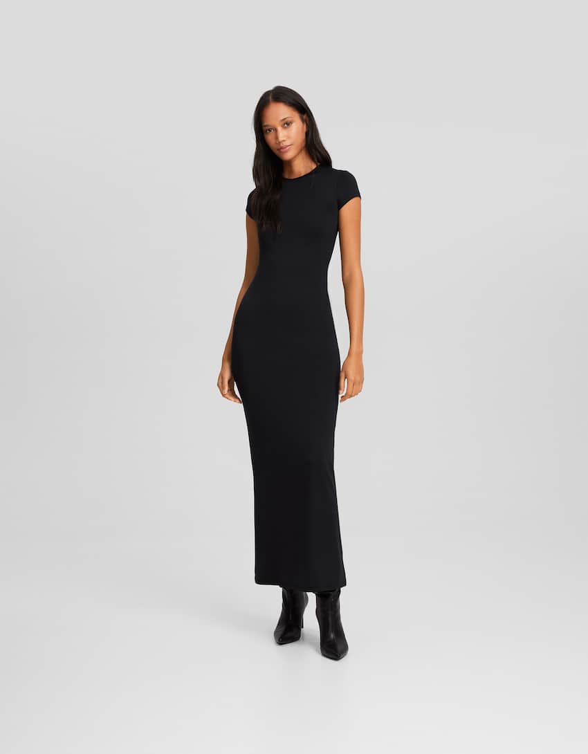 Short sleeve long dress-Black-0