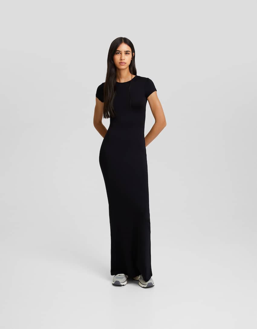 Short sleeve long dress-Black-0