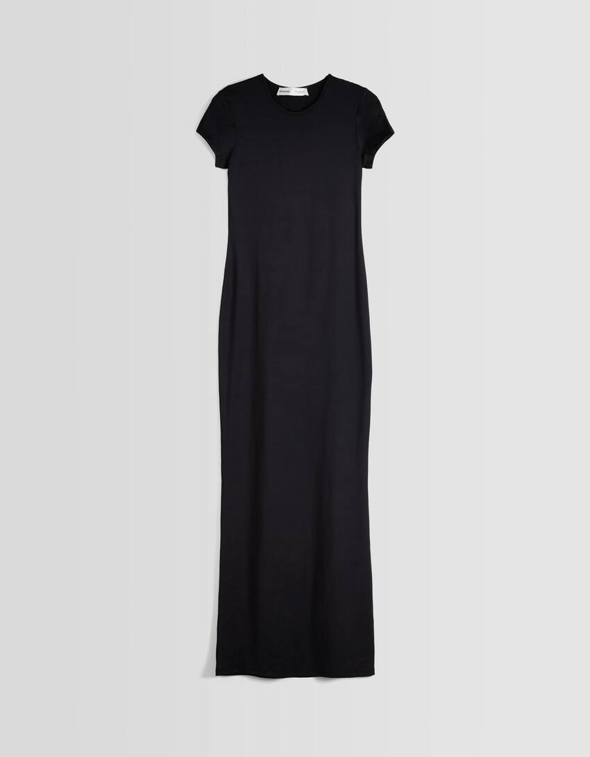 Short sleeve long dress-Black-4