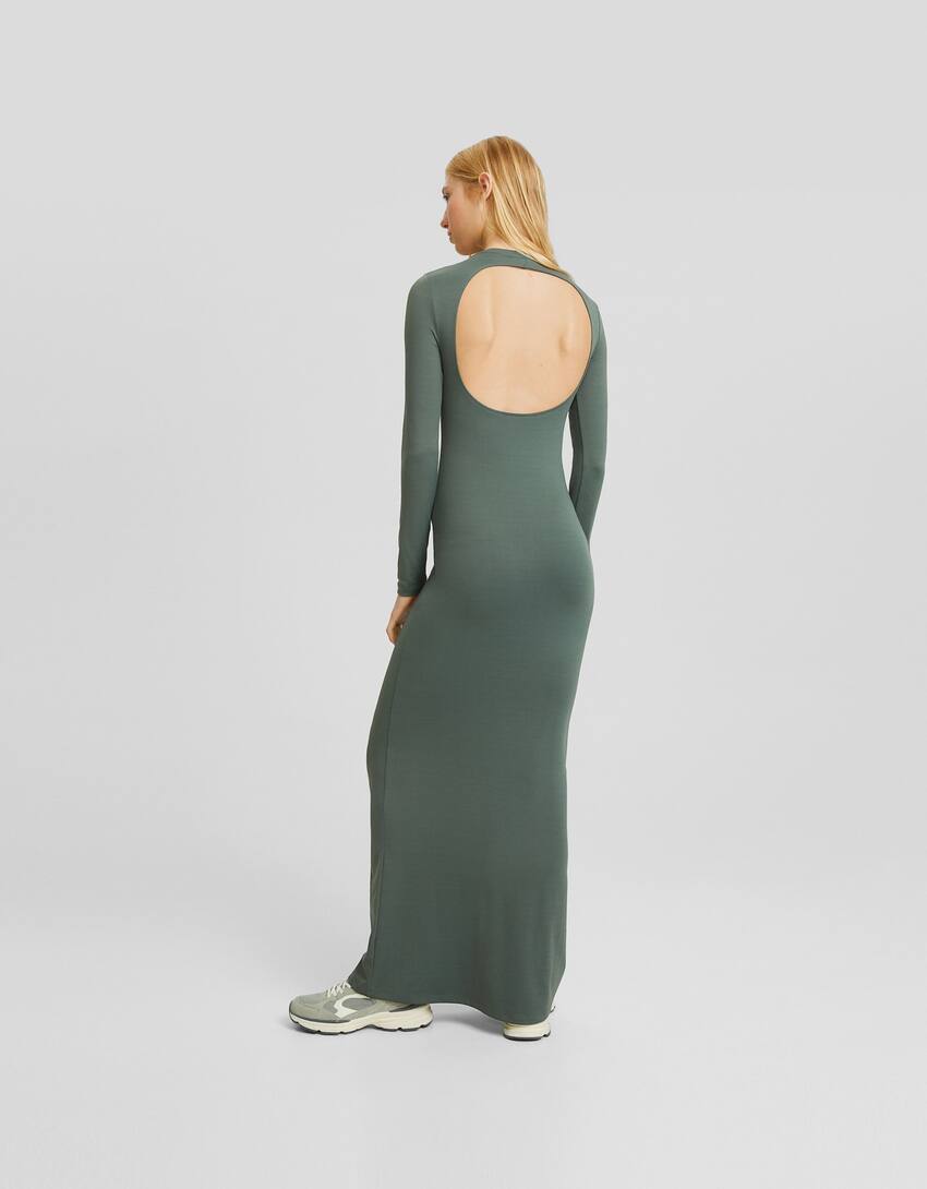 Long dress with an open back and long sleeves-Khaki-2