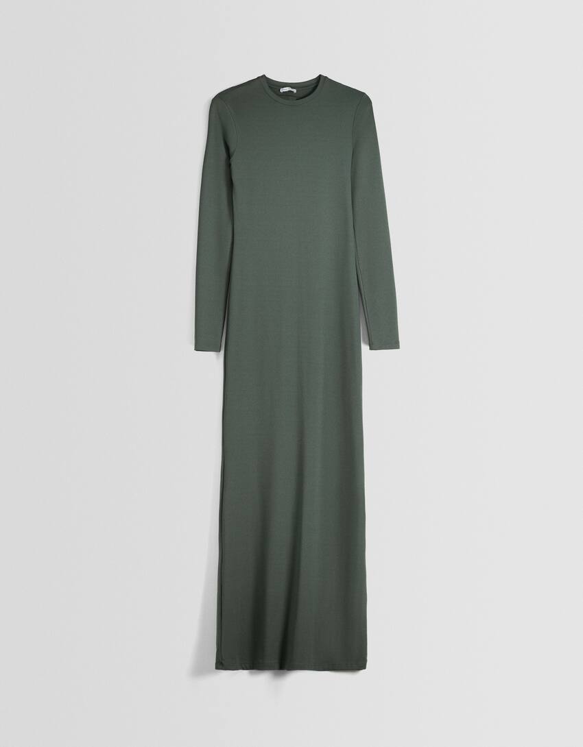 Long dress with an open back and long sleeves-Khaki-4