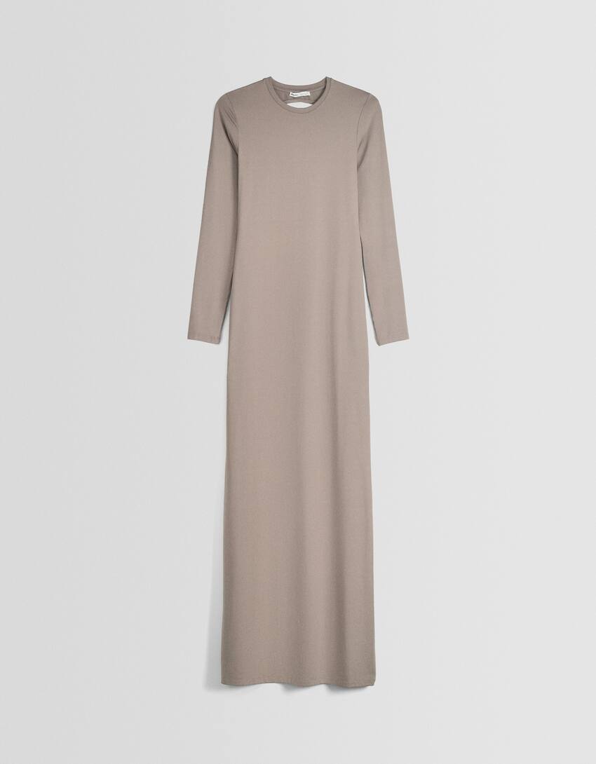 Long dress with an open back and long sleeves-Sand-4