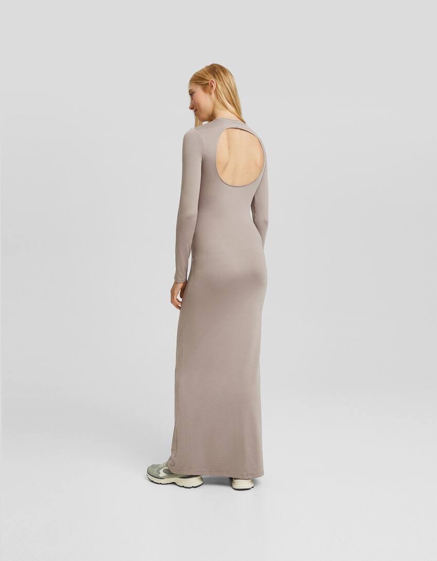 Long dress with an open back and long sleeves-Sand-2
