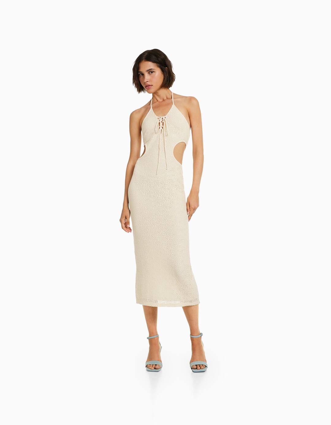 Sleeveless rustic midi dress with tie