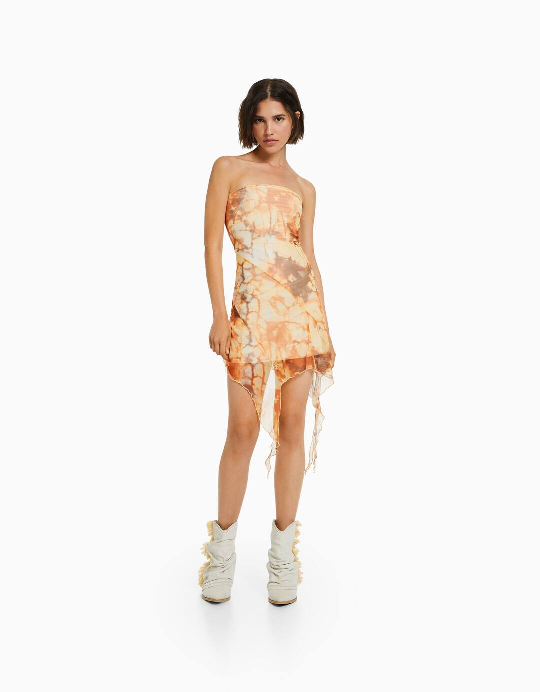 Printed asymmetric ruffled mini dress