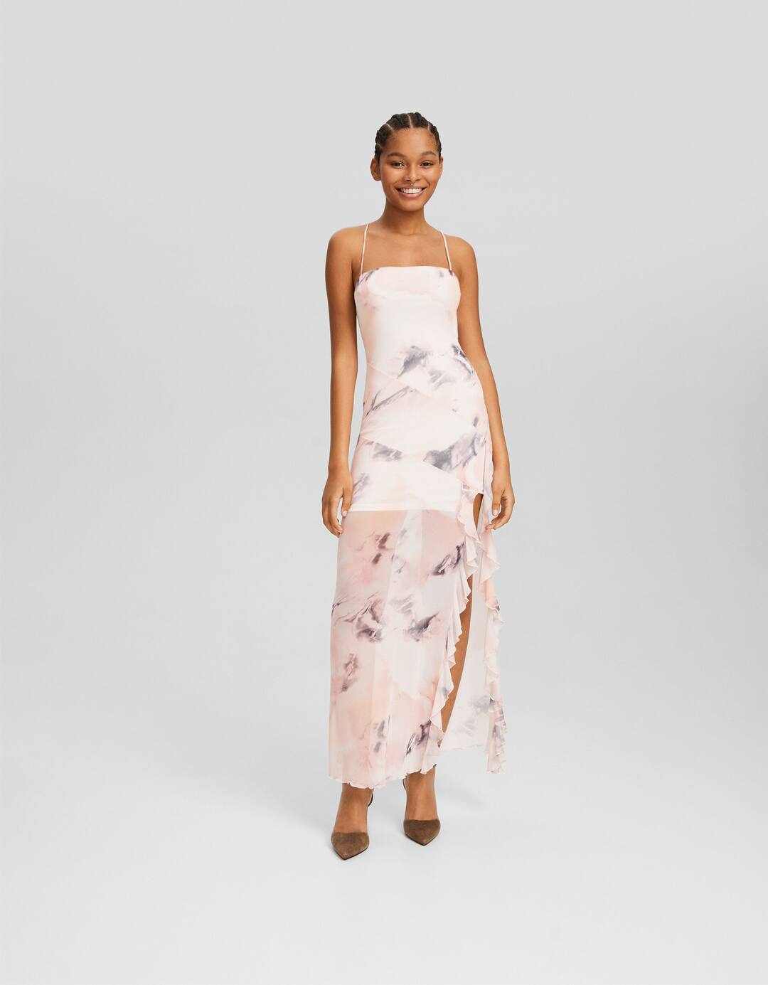 Ruffled printed tulle midi dress with straps