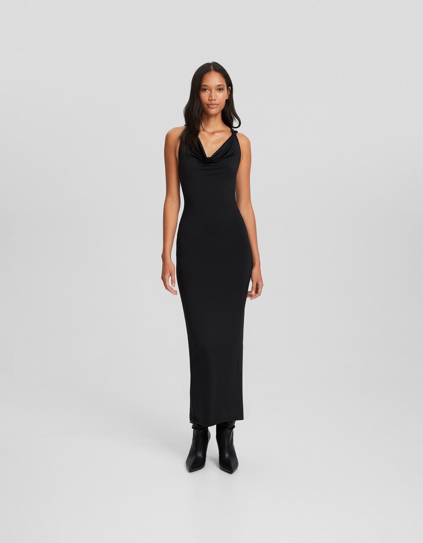 Long sleeveless dress with open back hood-Black-0