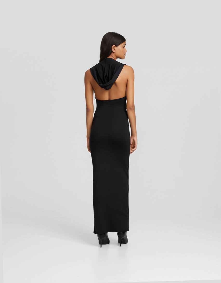 Long sleeveless dress with open back hood-Black-2