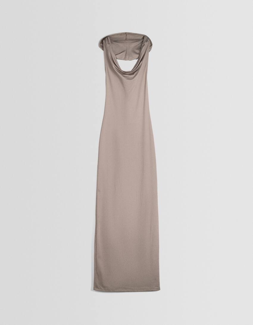 Long sleeveless dress with open back hood-Sand-4