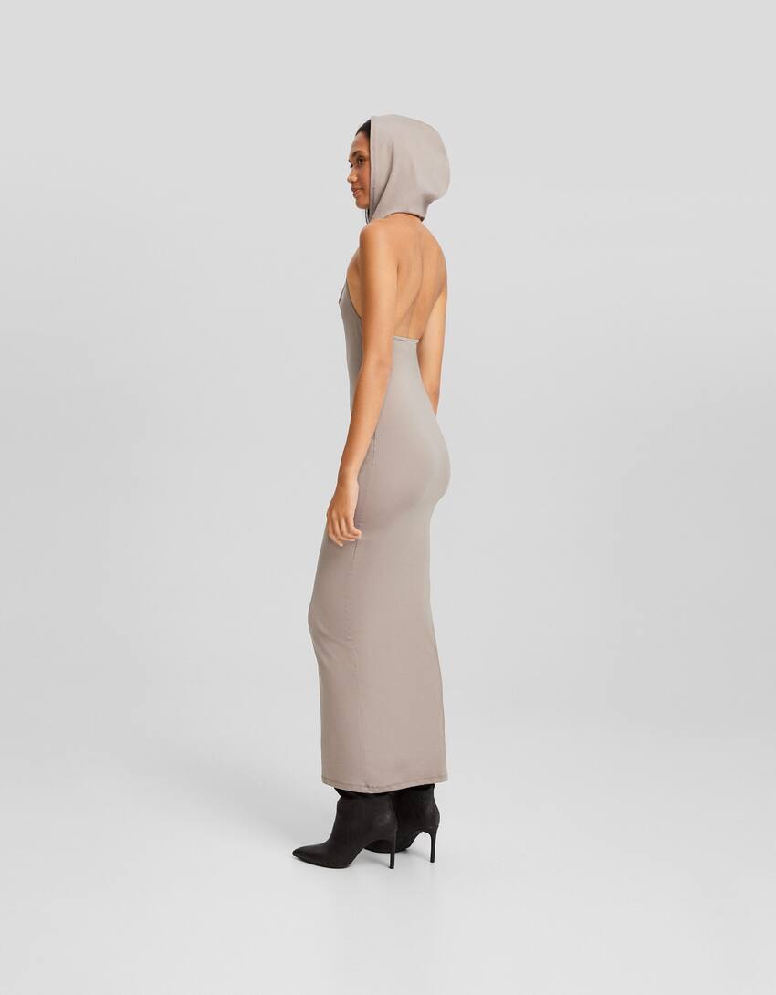 Long sleeveless dress with open back hood-Sand-2