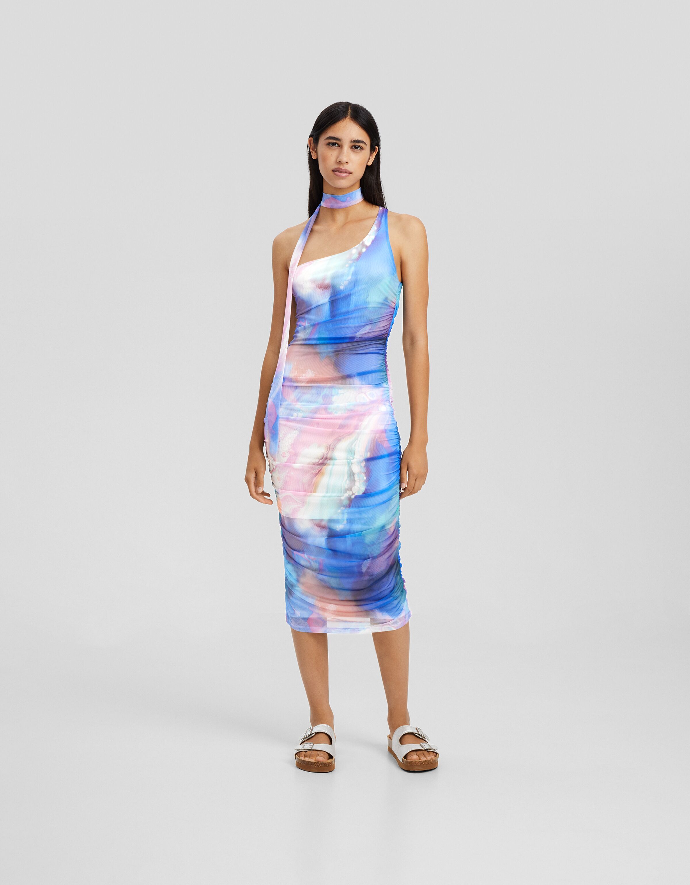 Printed asymmetric midi dress Women Bershka