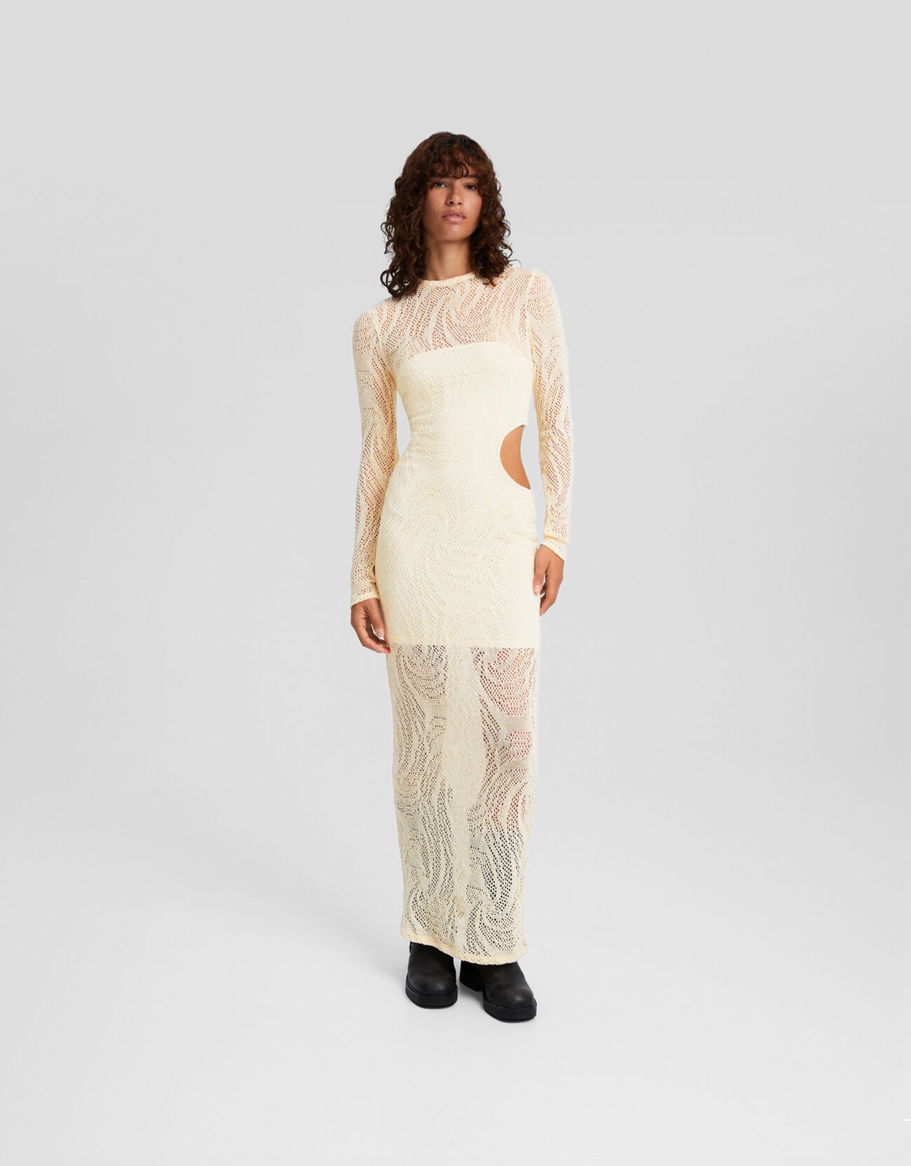 Long sleeve crochet cut-out long dress - Women