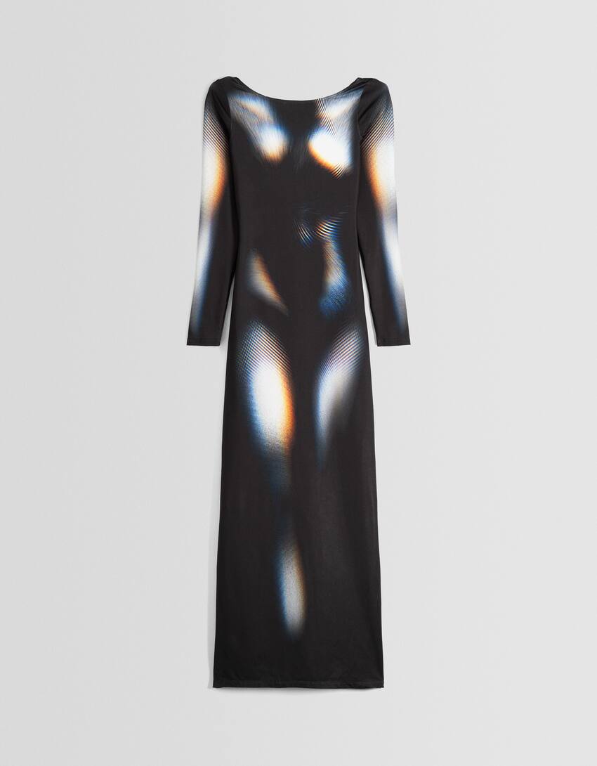 Long printed dress with long sleeves-Black-4