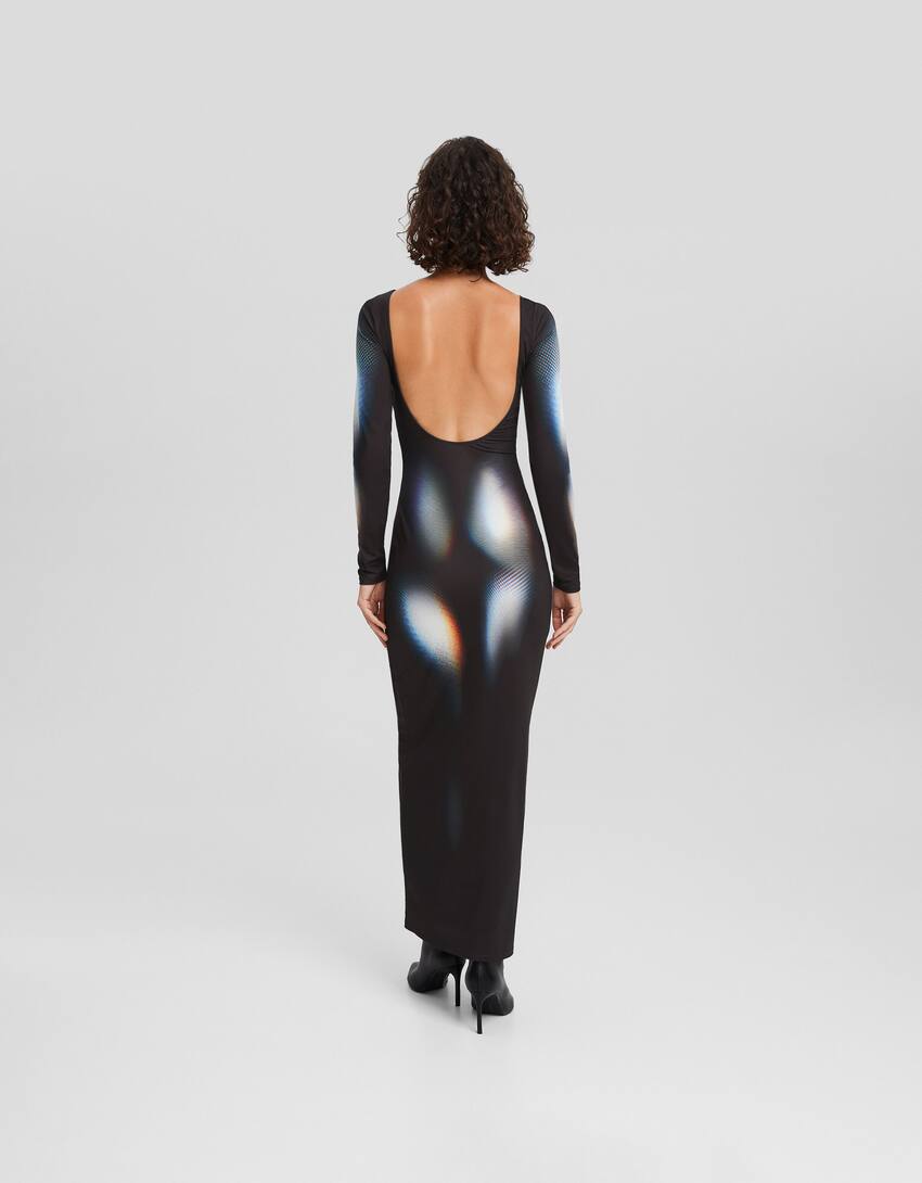 Long printed dress with long sleeves-Black-2